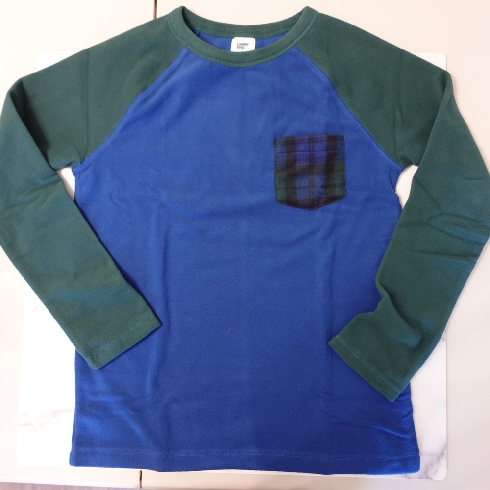 NWT Lands End Kids Blue Green Plaid Pocket Raglan Fleece Shirt Size 16 Lounge